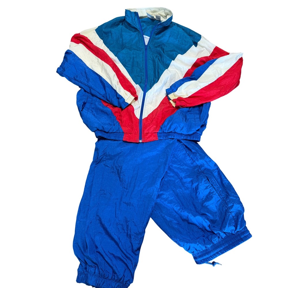 Vintage Active Wear 90s Colorblock Tracksuit Blue Red White Windbreaker Set L